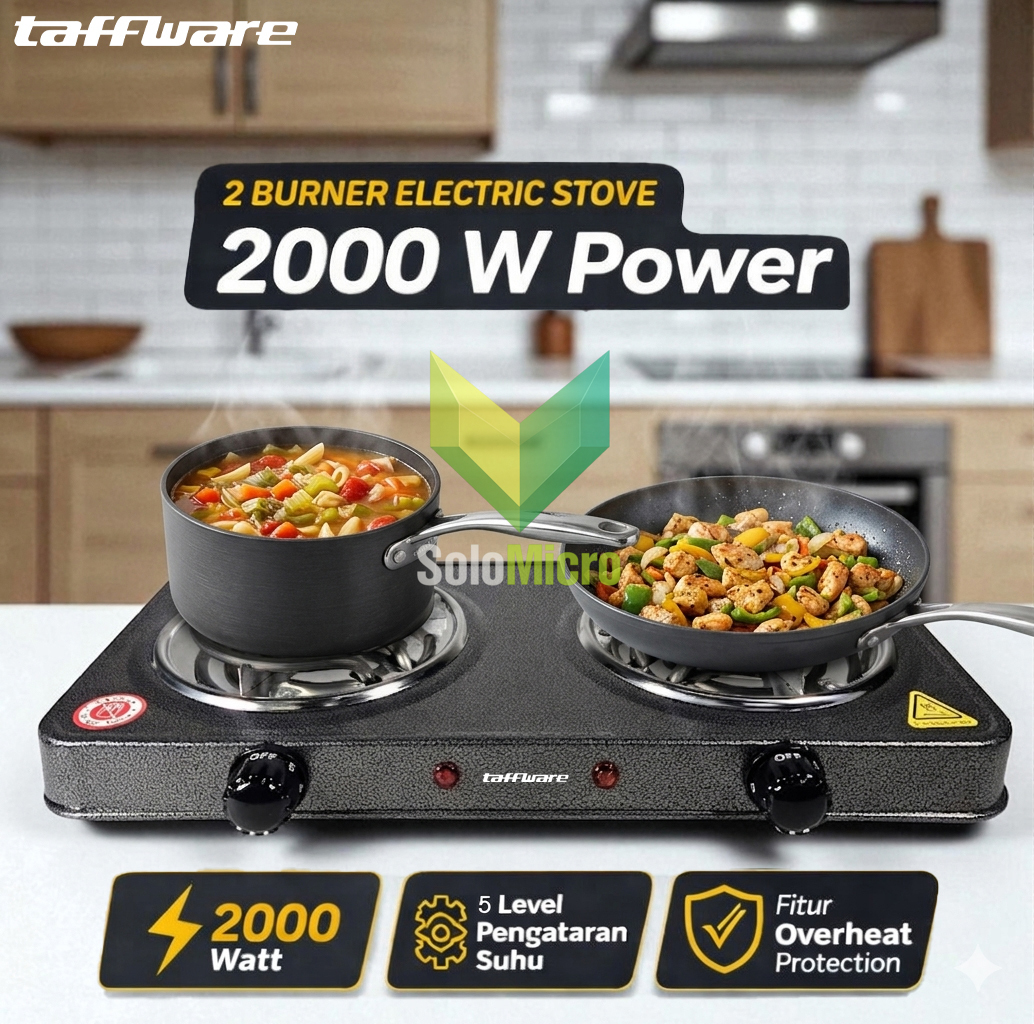 TAFFHOME Kompor Listrik 2 Tungku Portable Coil Hot Plate 2000W - C2-2000-58 - Black