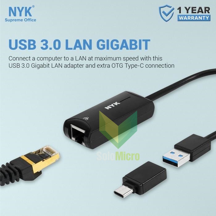 NYK LAN Adapter GLN 05 USB 3.0 To Lan Gigabit + Type C Combo Koneksi Cepat 1000Mbps Chip USB 3.1 Kompatibel dengan Laptop PC Network Printer