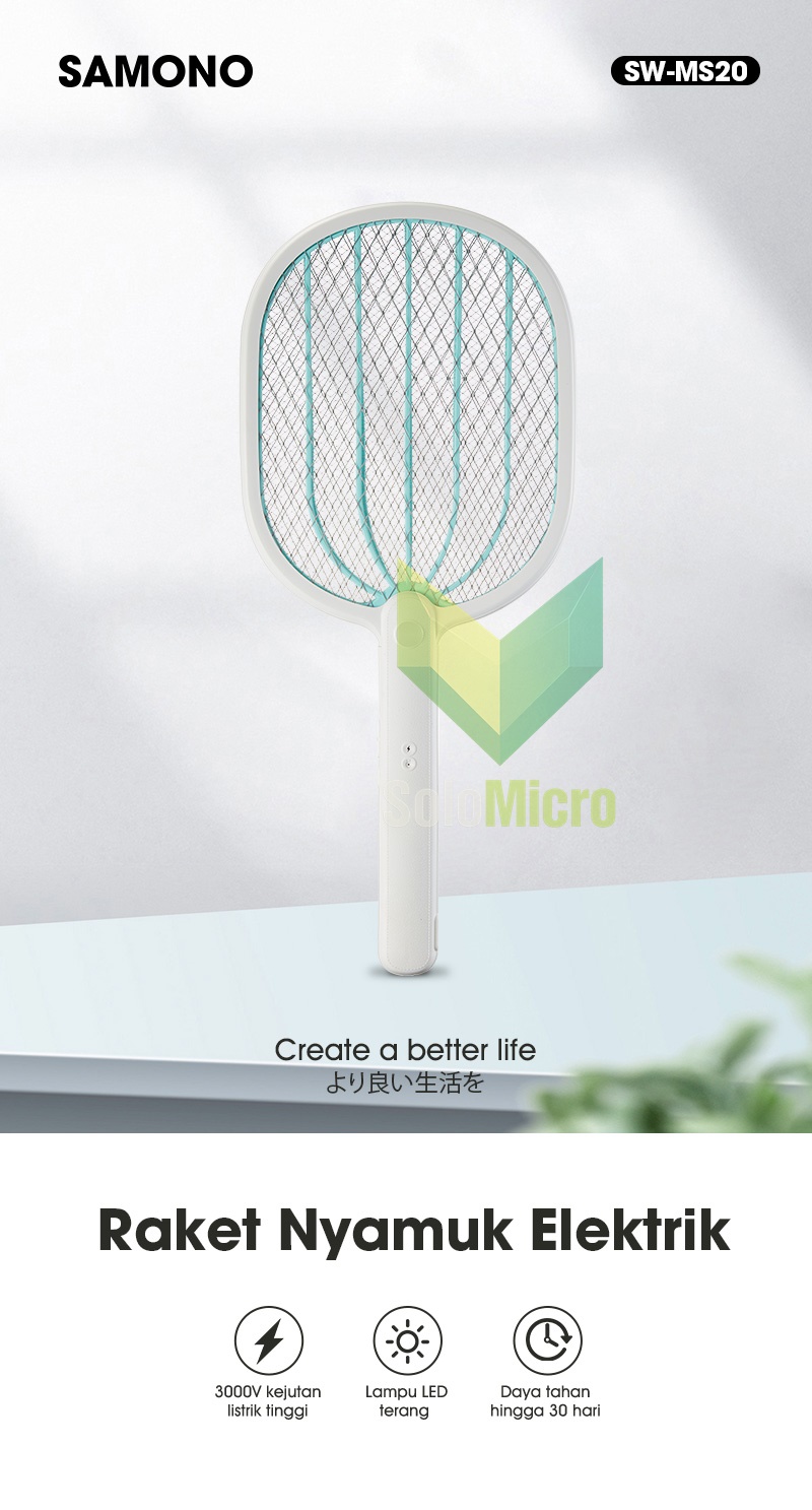 Samono Raket Nyamuk SW-MS20 Home Appliances Life Style White Desain Ergonomis Baterai Rechargeable Lampu Indikator Perlindungan Maksimal dari Nyamuk