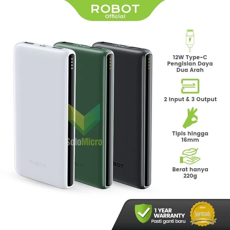 ROBOT Powerbank 10000mAh 3 Output Dual Input Type-C Power bank RT180S Fast Charging 12W Android iPhone