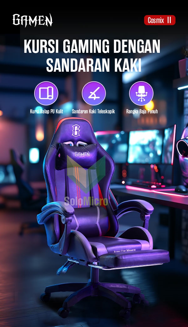 GAMEN Cosmix II Black Kursi Gaming Profesional dengan Sandaran Kaki Teleskopik & Rangka Baja Penuh Kursi Gamers Premium Original Desain Ergonomis Bahan Kulit PU Tahan Lama