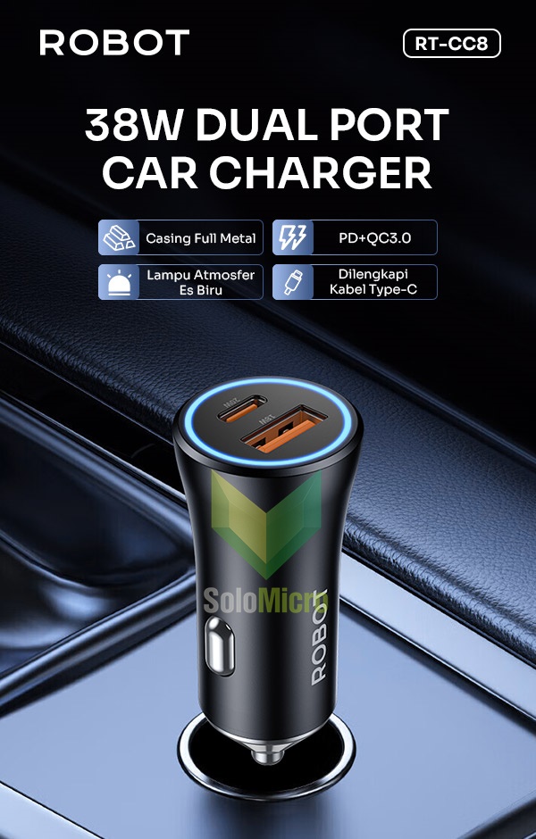 Robot RT-CC8 38W Metal Car Charger Dual Port USB-A QC3.0 & USB-C PD Casing Full Metal Perlindungan Cerdas Aman dan Tahan Lama