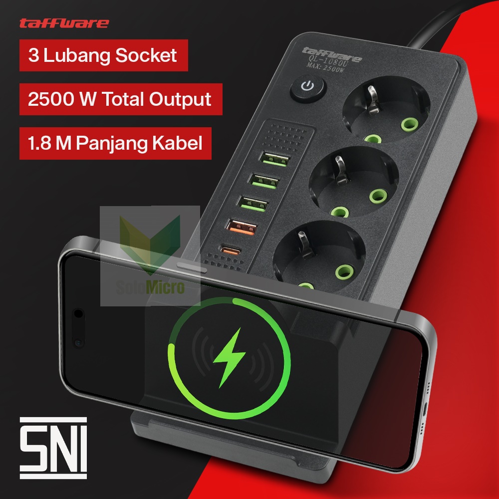 TAFFWARE Stopkontak USB Type C EU Plug Wireless Charging 2500W - QL-1080U - Black