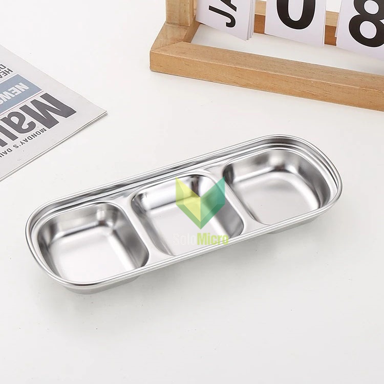 TaffHOME Tempat Saus Kecil Square Sauce Dish Plate Stainless Steel 304 3 Grid - UC3 - Silver