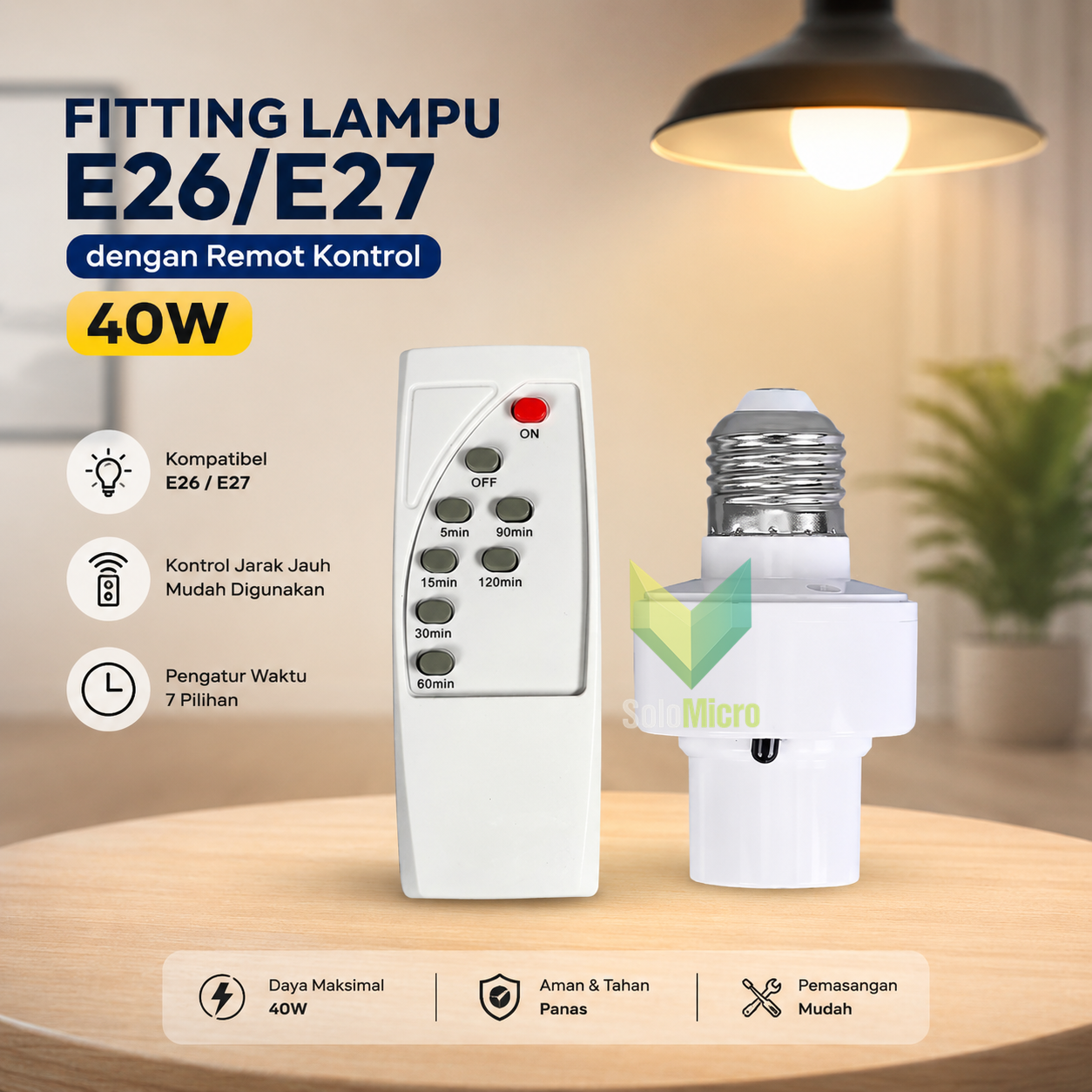 TaffLED Fitting Lampu Bohlam E26 E27 dengan Remot Kontrol 40W - GN-200 - White
