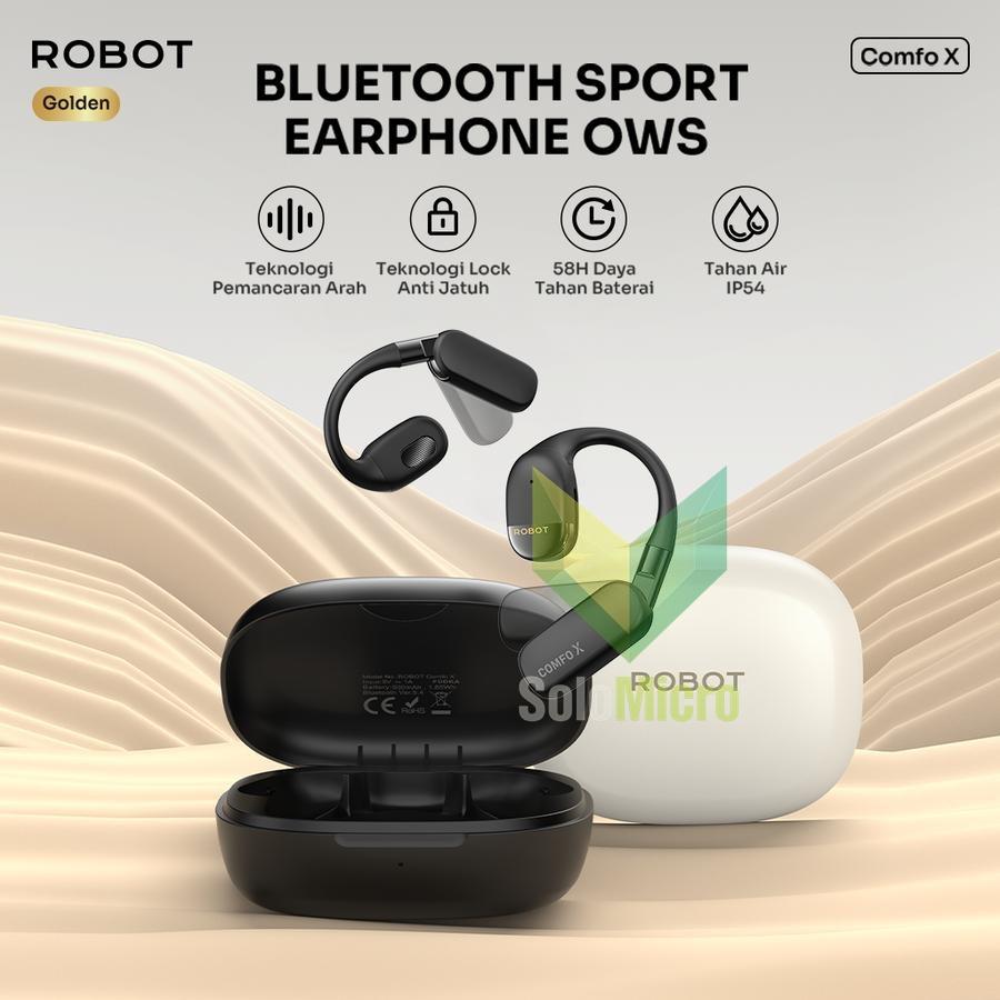 ROBOT Comfo X Open Ear Headphone dengan Aplikasi Kostum TWS dilengkapi Audio AI+ENC Bluetooth 5.4s IP54s Pengait Telinga yang Dapat Disesuaikan Dilipat Dikunci Bass yang Kaya Pemakaian 65 Jam Garansi