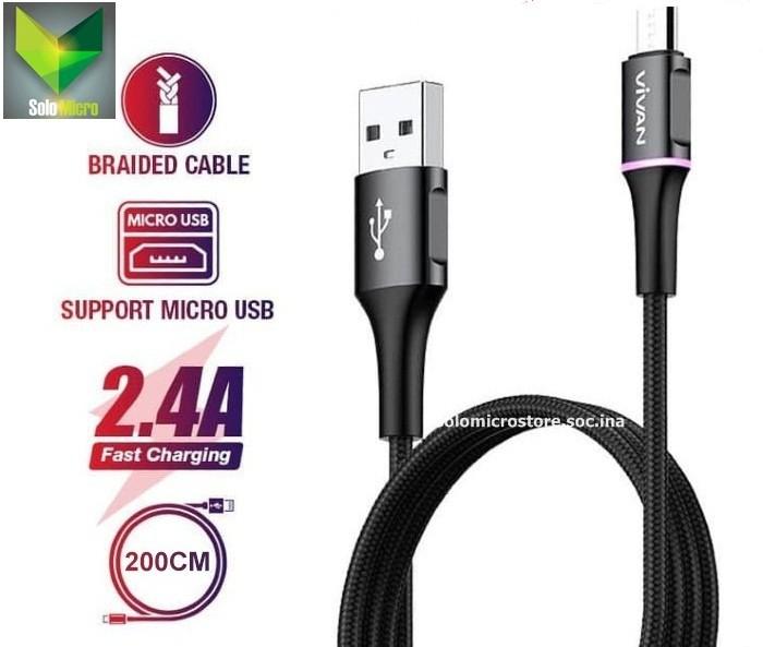 PROMO Vivan VDM200 Kabel Data Micro USB 2.4A LED Light Fast Charging 2 Meter