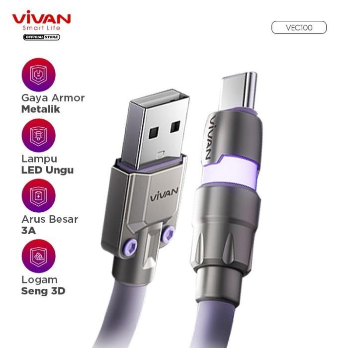 Kabel Data & Charger Vivan VEC100 Type-C Type C Quick Charge LED