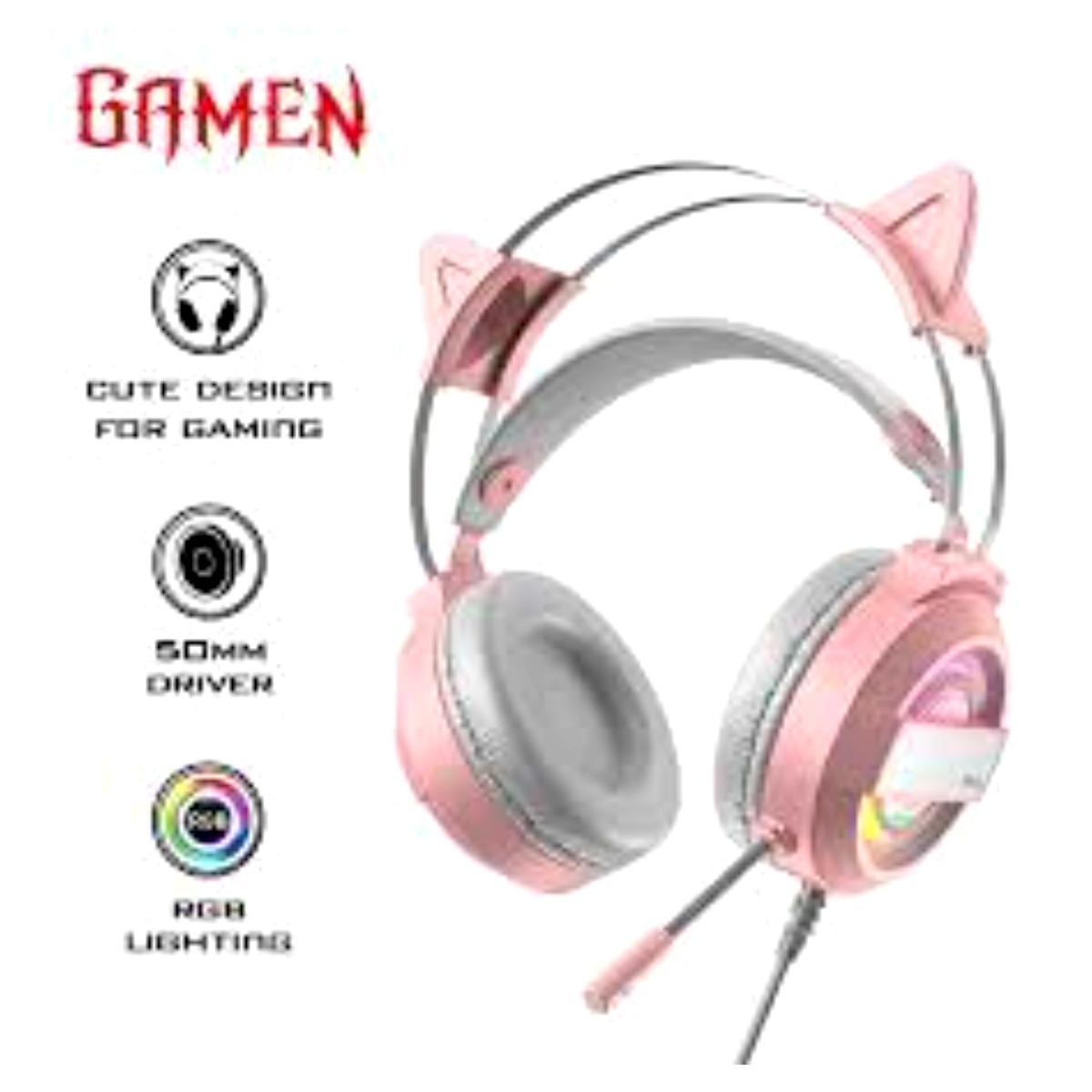 PROMO Headset Headphone Gaming Game Cat GAMEN GH1100 Pink LED Nyala RGB