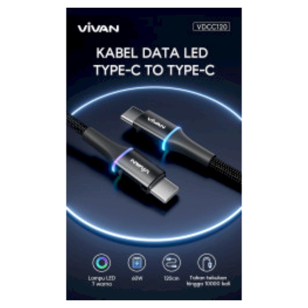PROMO VIVAN VDCC120 Tipe USB C to USB C LED Kabel Data 60W Fast Charging
