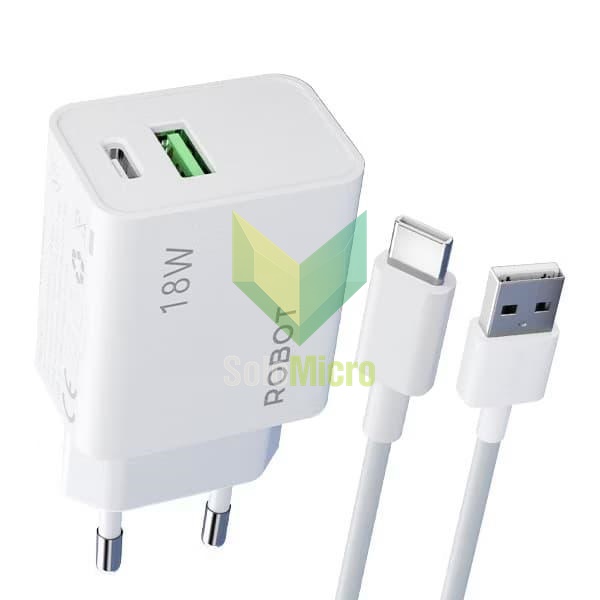 ROBOT RT P2 Charger 18W Fast Charging Dual USB Port Type A dan Type C Include Kabel Type C