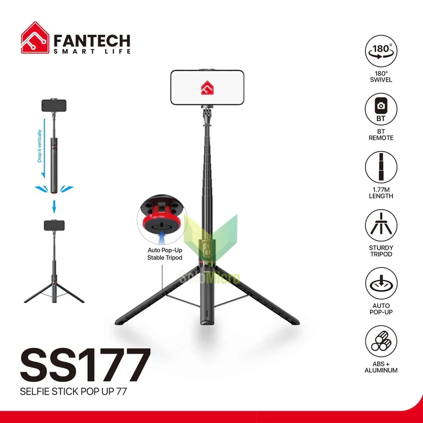 FANTECH SS177 Selfie Stick Live Tripod Bluetooth 1.77m Aluminium Alloy dengan Lampu Isi dan Rotasi 180° untuk Ponsel
