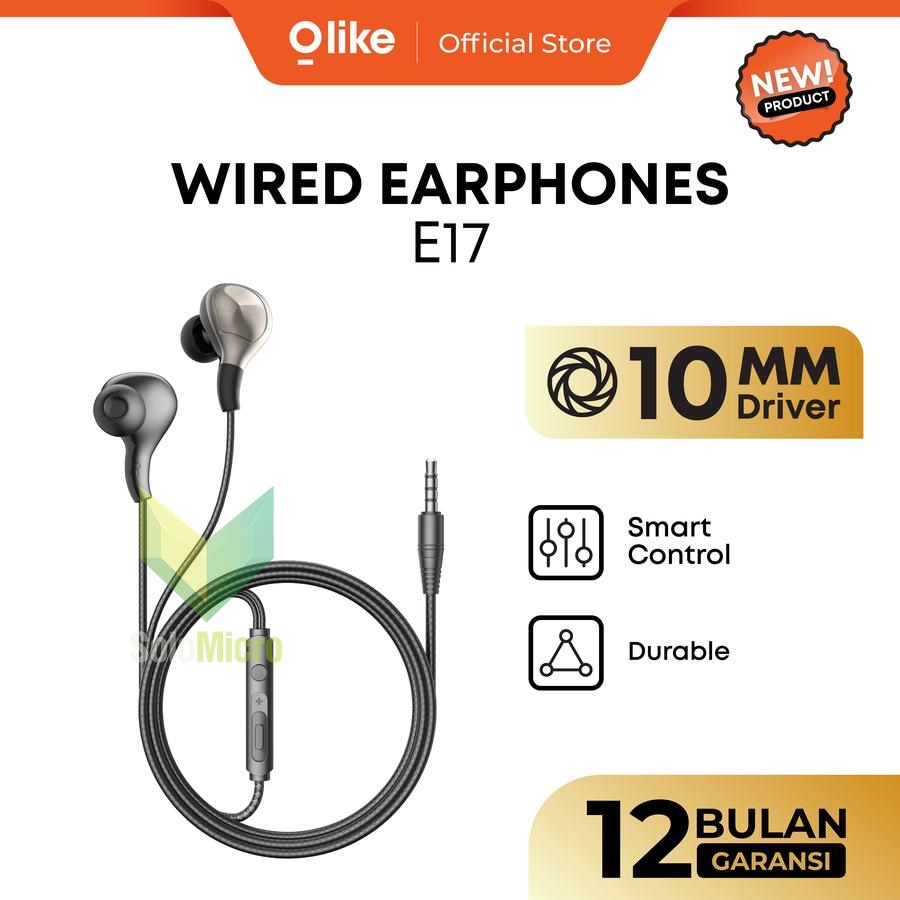 OLIKE Headset Cable E17 Jack 3.5mm 10mm Driver Wired Earphone Stereo Bass Max Durable TPE Material and Smart Control In-Ear Kabel With HD Audio