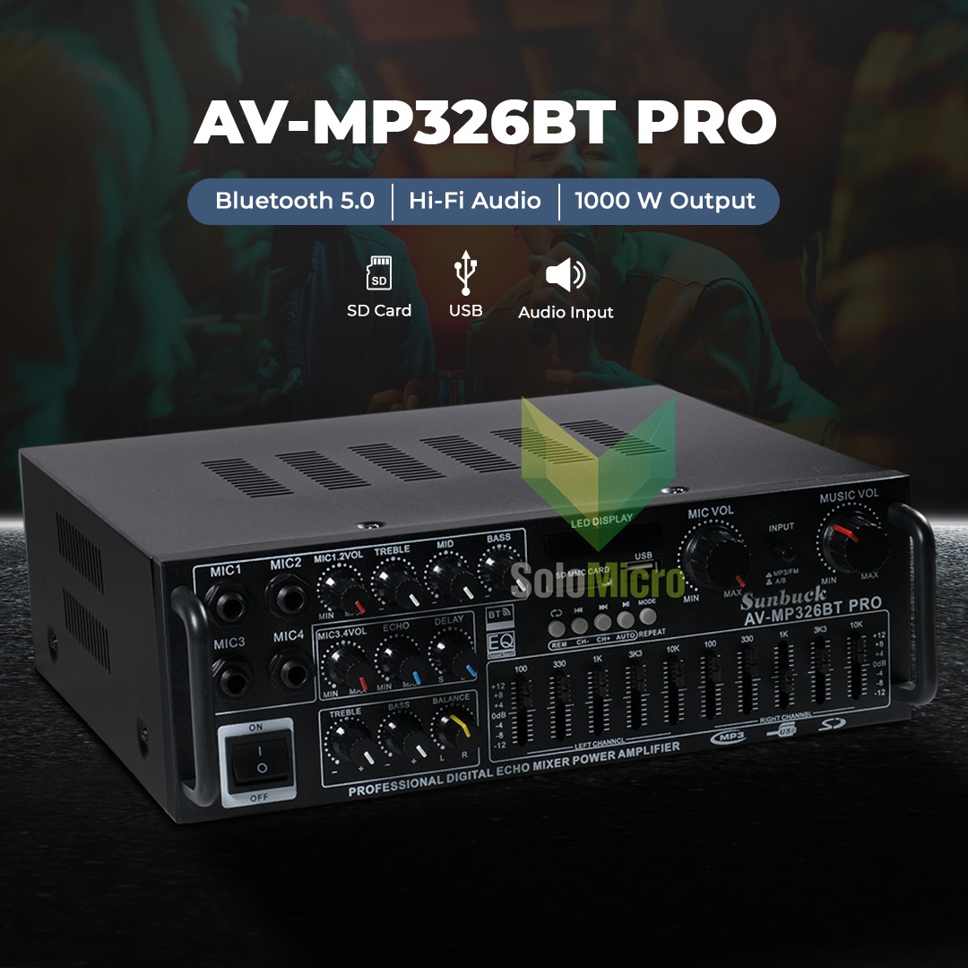 AUDIO Amplifier Bluetooth HiFi USB Adjustable USB MP3 FM 1000W - AV-MP326BT PRO - Black